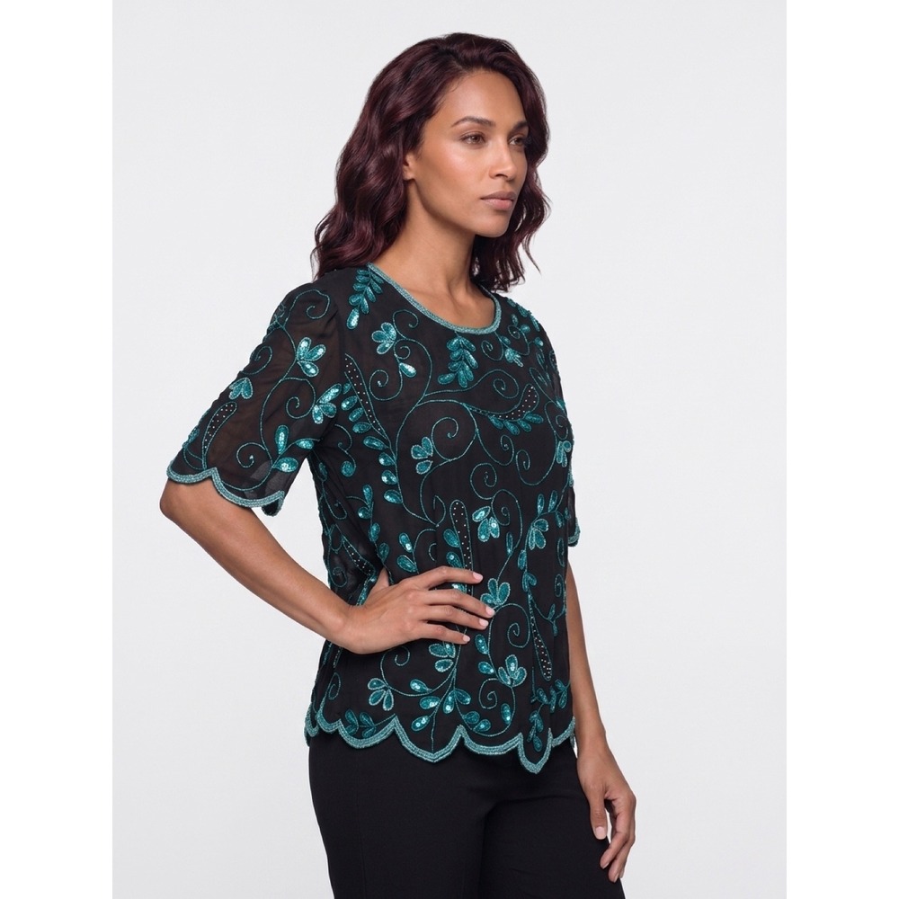 Creative Touch Black Teal Sequin Beaded Scalloped Hem Blouse Top Made in India